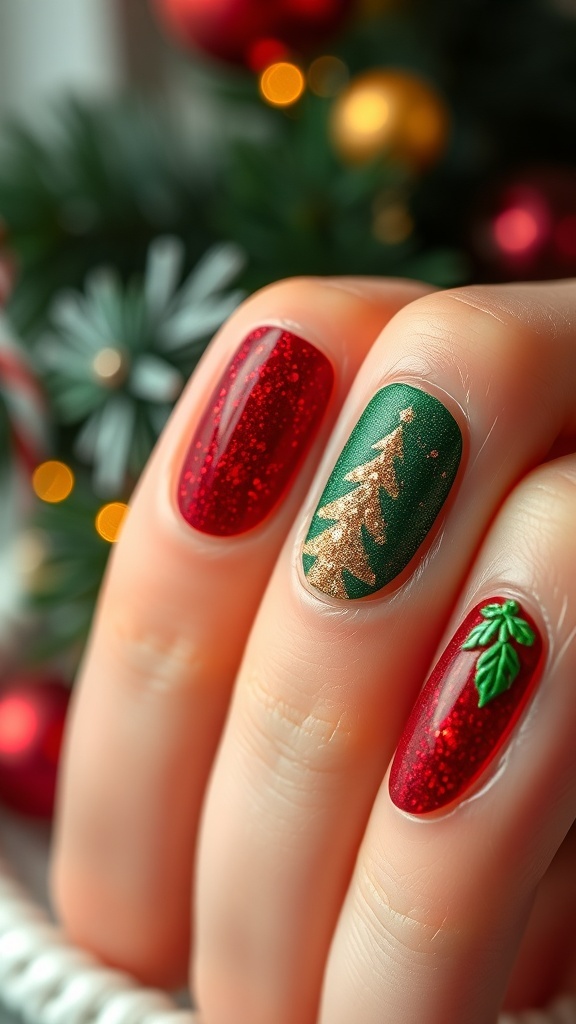 Velvet Christmas Nail Art Design Close-up of velvet Christmas nail art in red and green with gold glitter accents.